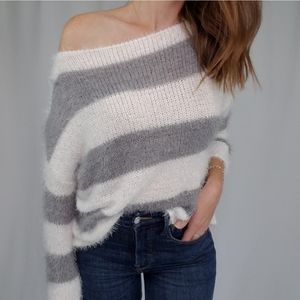 Cozy grey and white stripe sweater